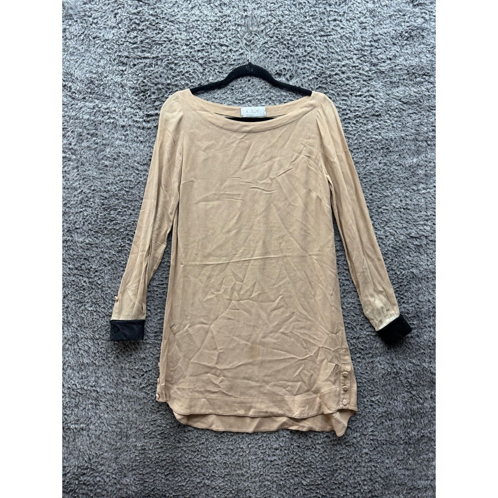A. L. C. Long Sleeve Boat Neck Mini Dress Beige w/ Leather‎ Cuff Womens Size 2